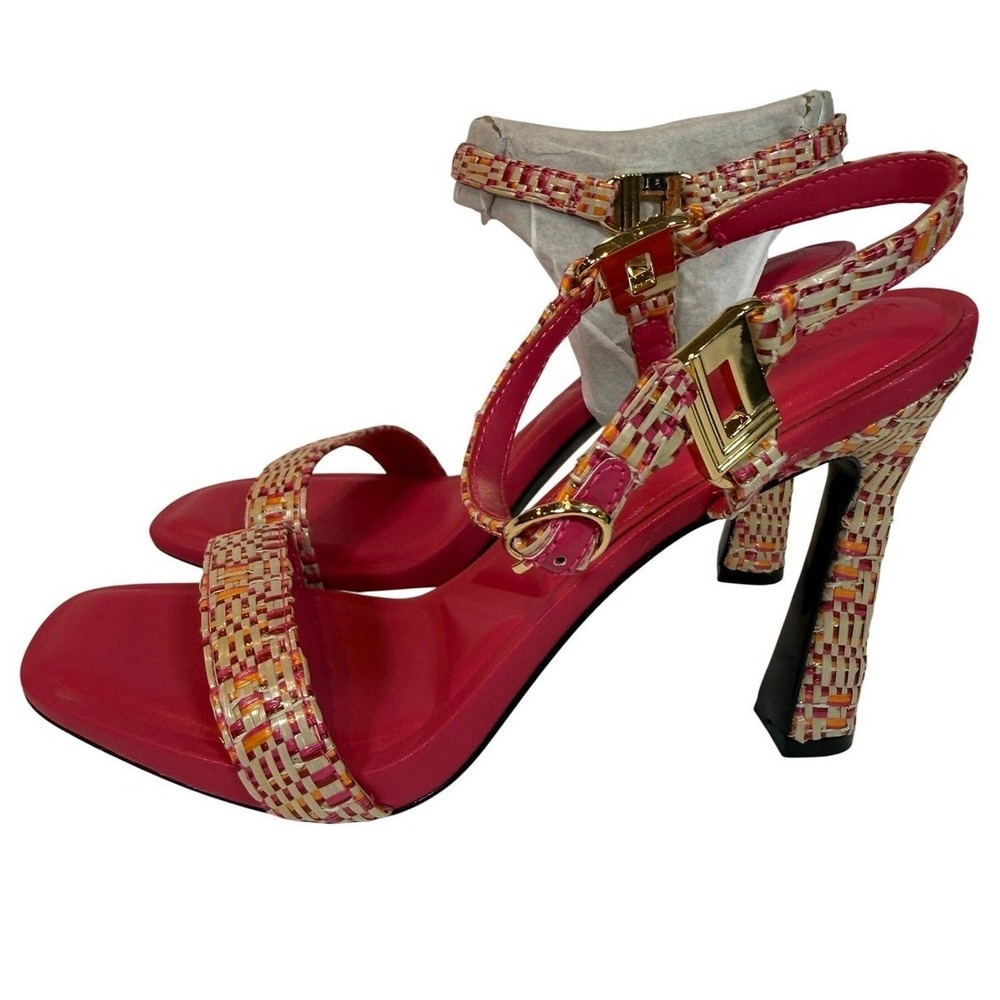 Karl Lagerfeld Paris Cybil Sandals Pink Woven Raffia Heels 8.5quare Toe